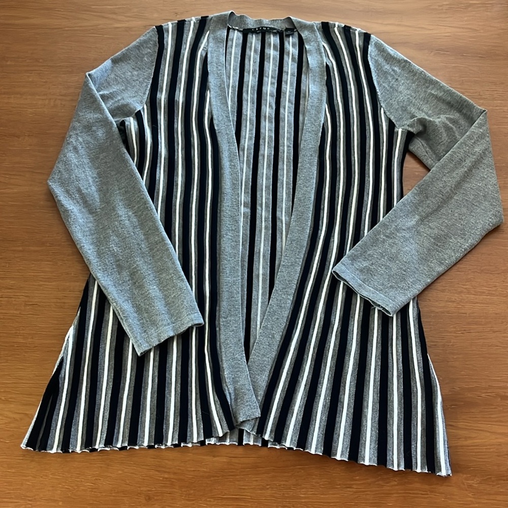 Cyrus Black, Gray & White Striped Open Front Cardigan